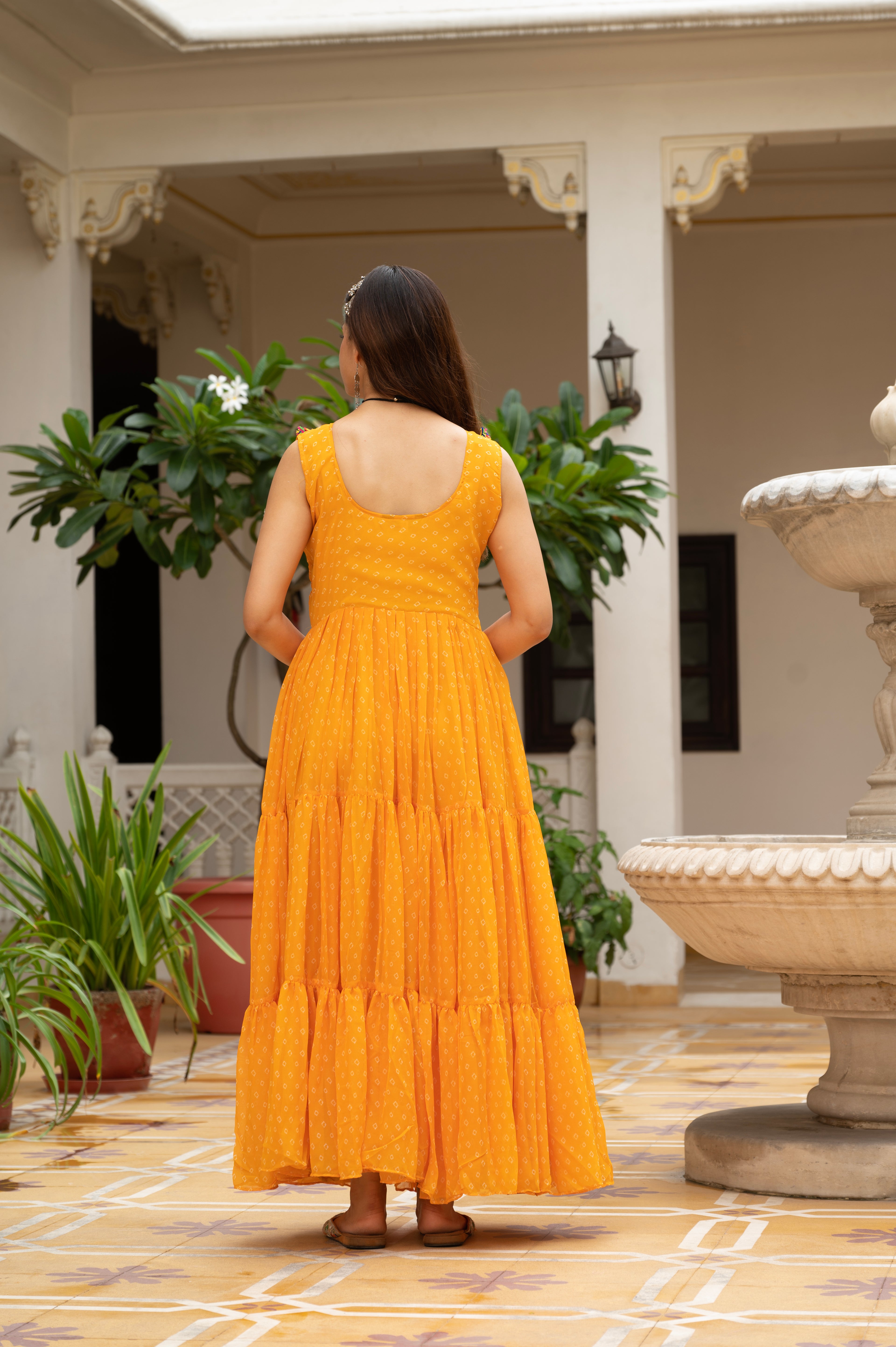 Sunshine Yellow Kutchi Patchwork Embroidered Yoke with Traditional Print and Graceful Flared Anarkali Gown