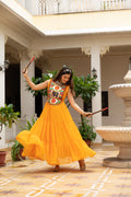 Sunshine Yellow Kutchi Patchwork Embroidered Yoke with Traditional Print and Graceful Flared Anarkali Gown