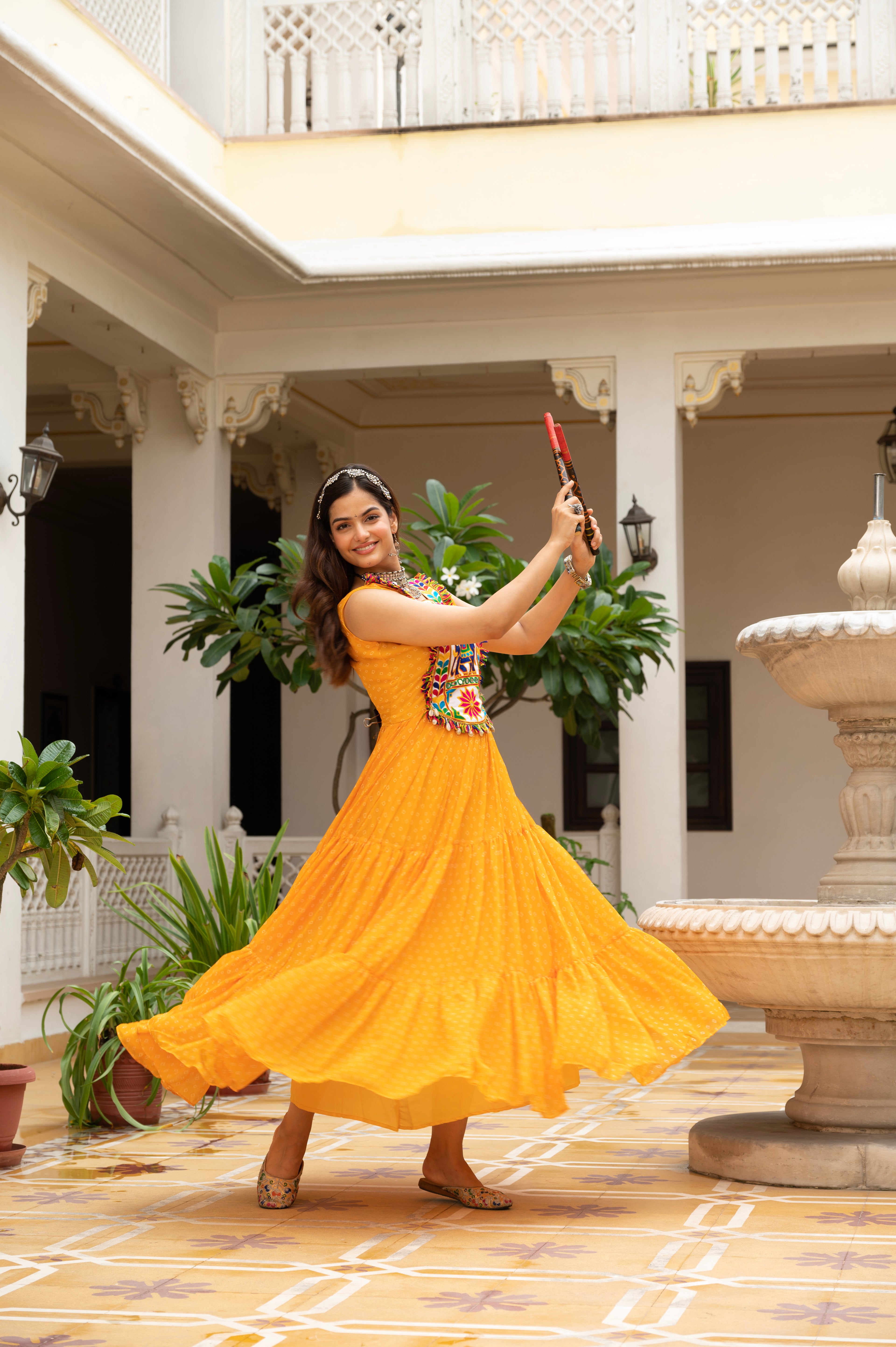 Sunshine Yellow Kutchi Patchwork Embroidered Yoke with Traditional Print and Graceful Flared Anarkali Gown