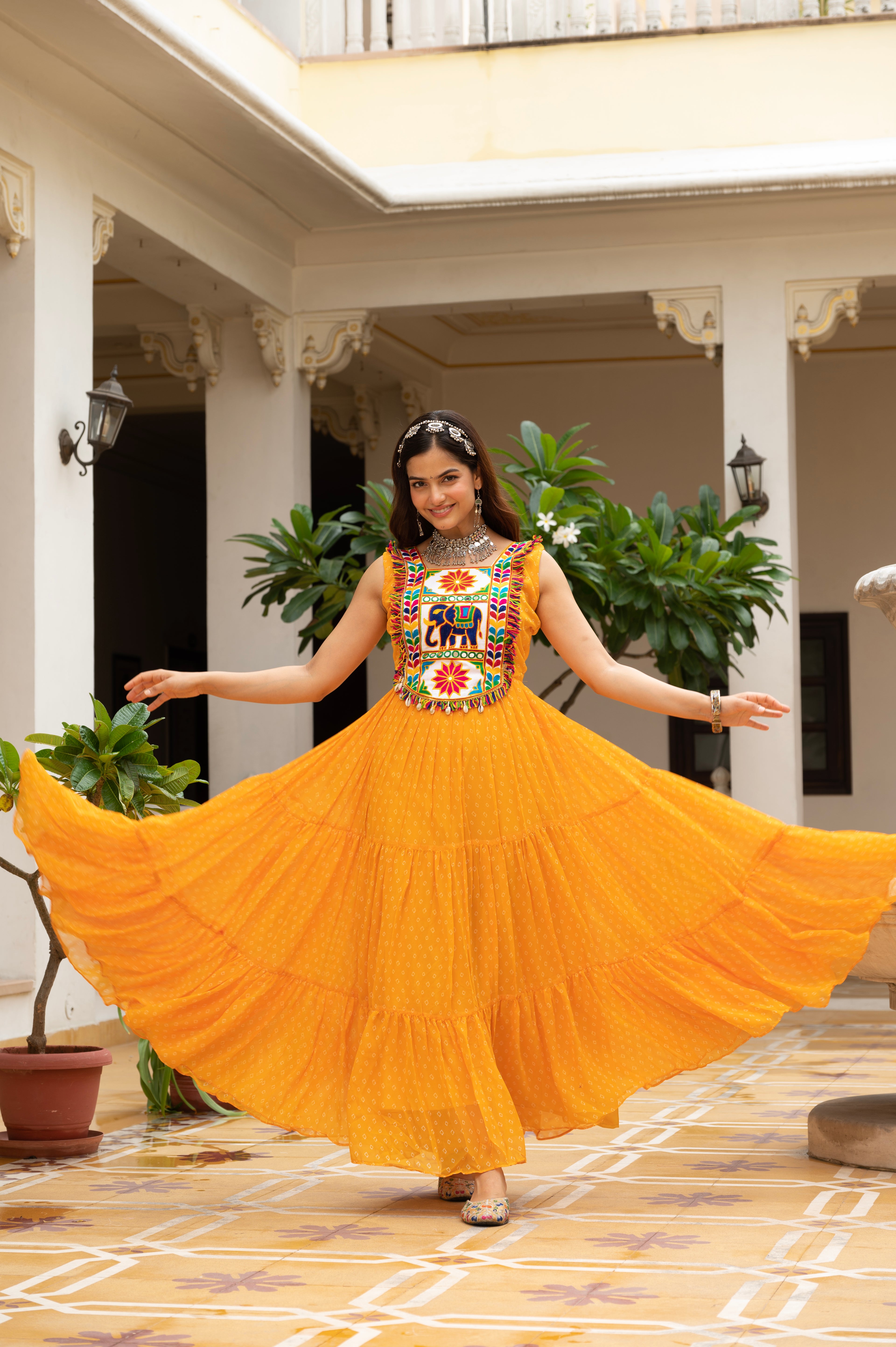 Sunshine Yellow Kutchi Patchwork Embroidered Yoke with Traditional Print and Graceful Flared Anarkali Gown