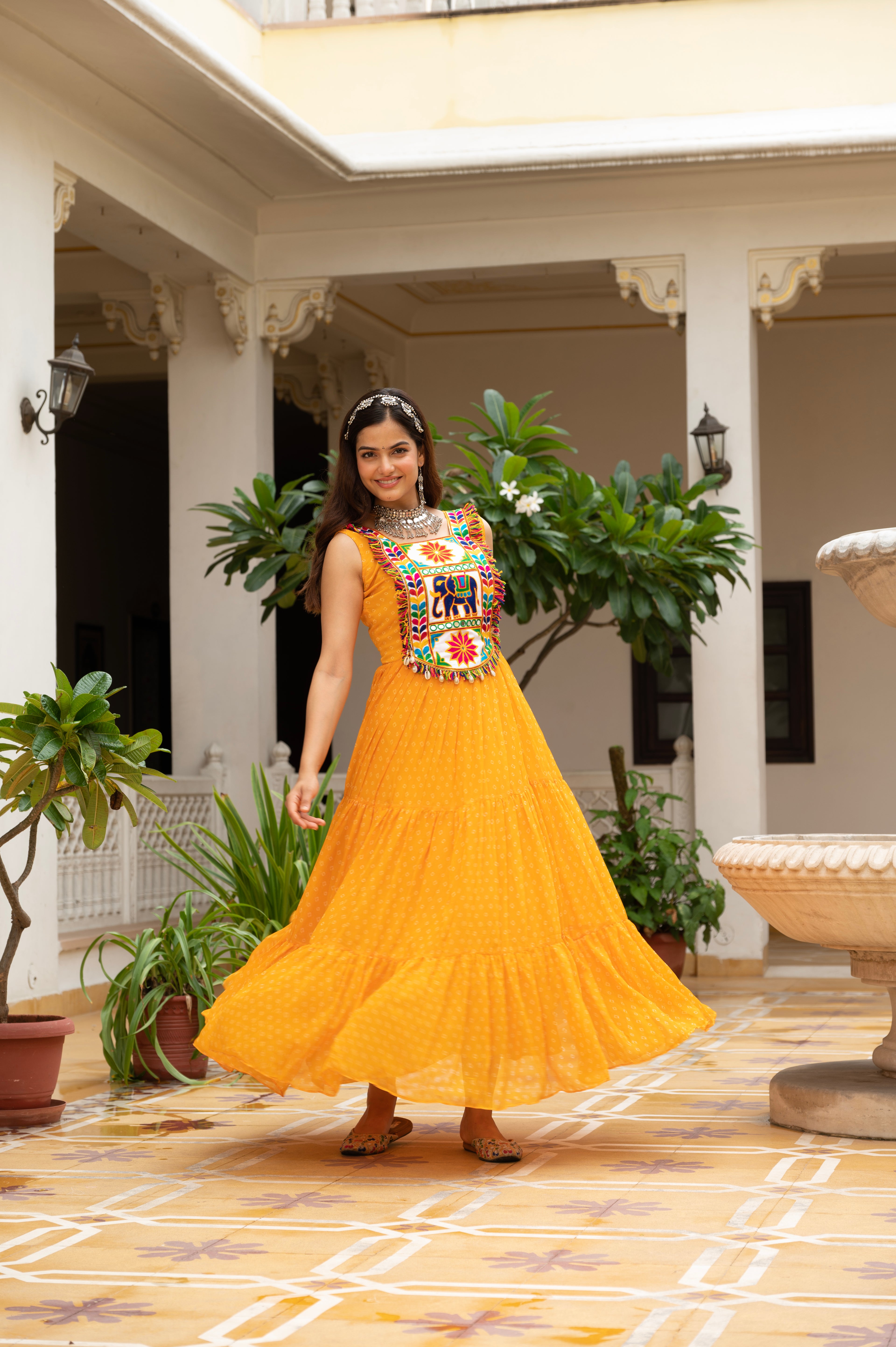Sunshine Yellow Kutchi Patchwork Embroidered Yoke with Traditional Print and Graceful Flared Anarkali Gown