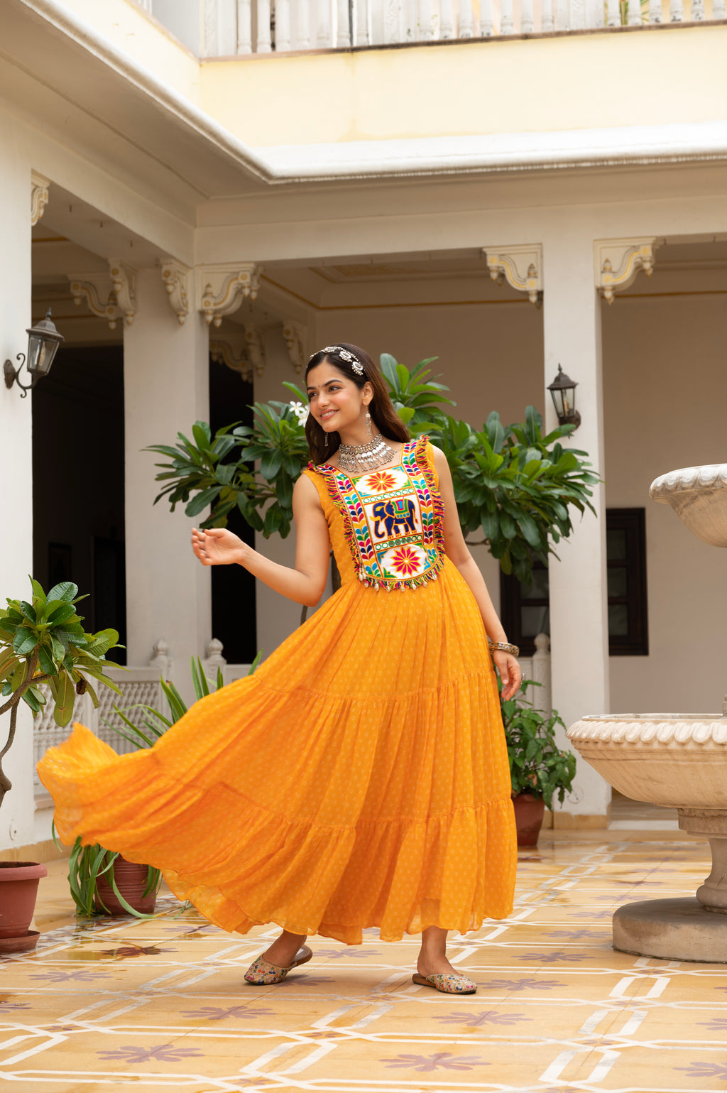 Sunshine Yellow Kutchi Patchwork Embroidered Yoke with Traditional Print and Graceful Flared Anarkali Gown