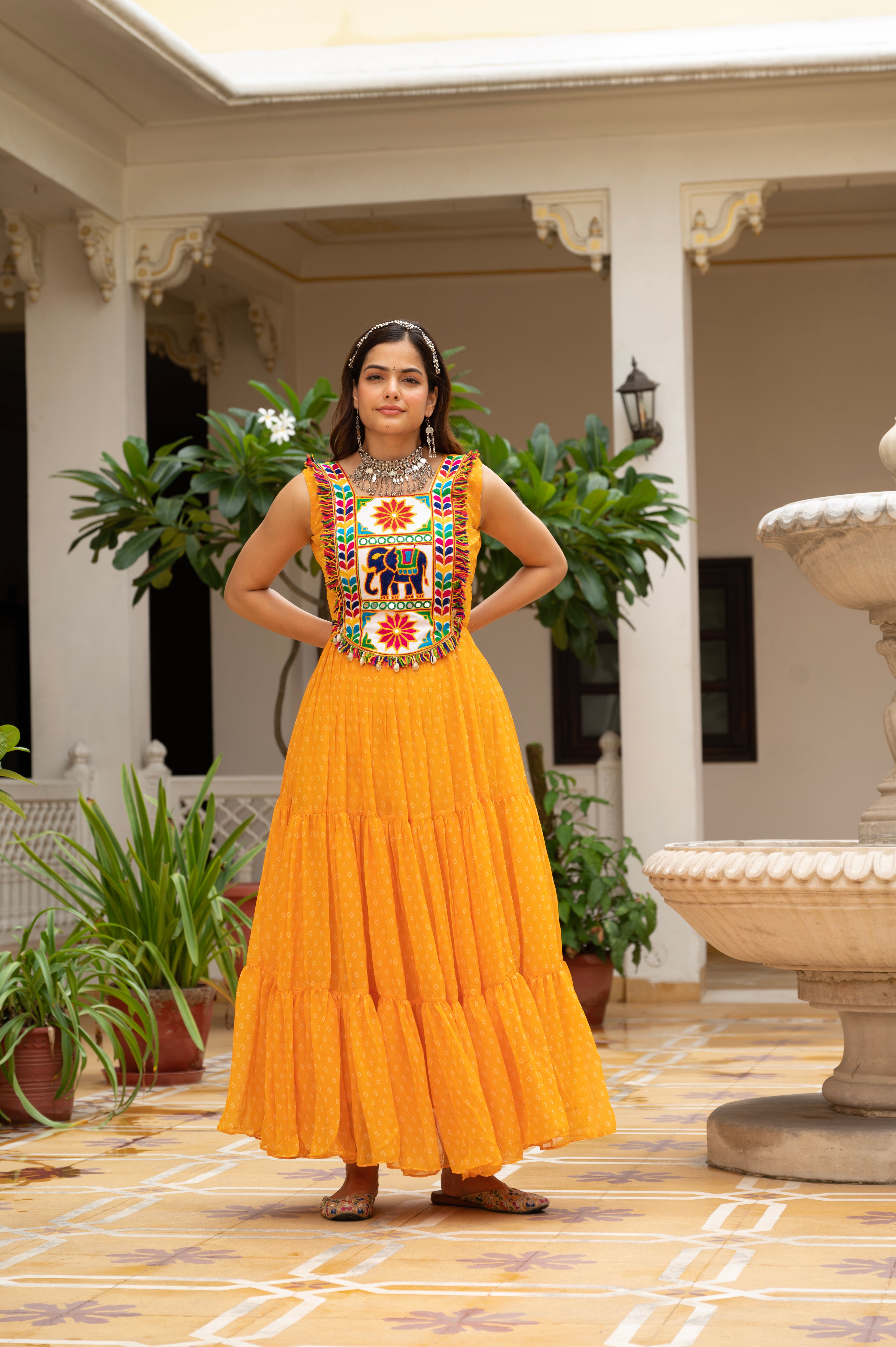Sunshine Yellow Kutchi Patchwork Embroidered Yoke with Traditional Print and Graceful Flared Anarkali Gown