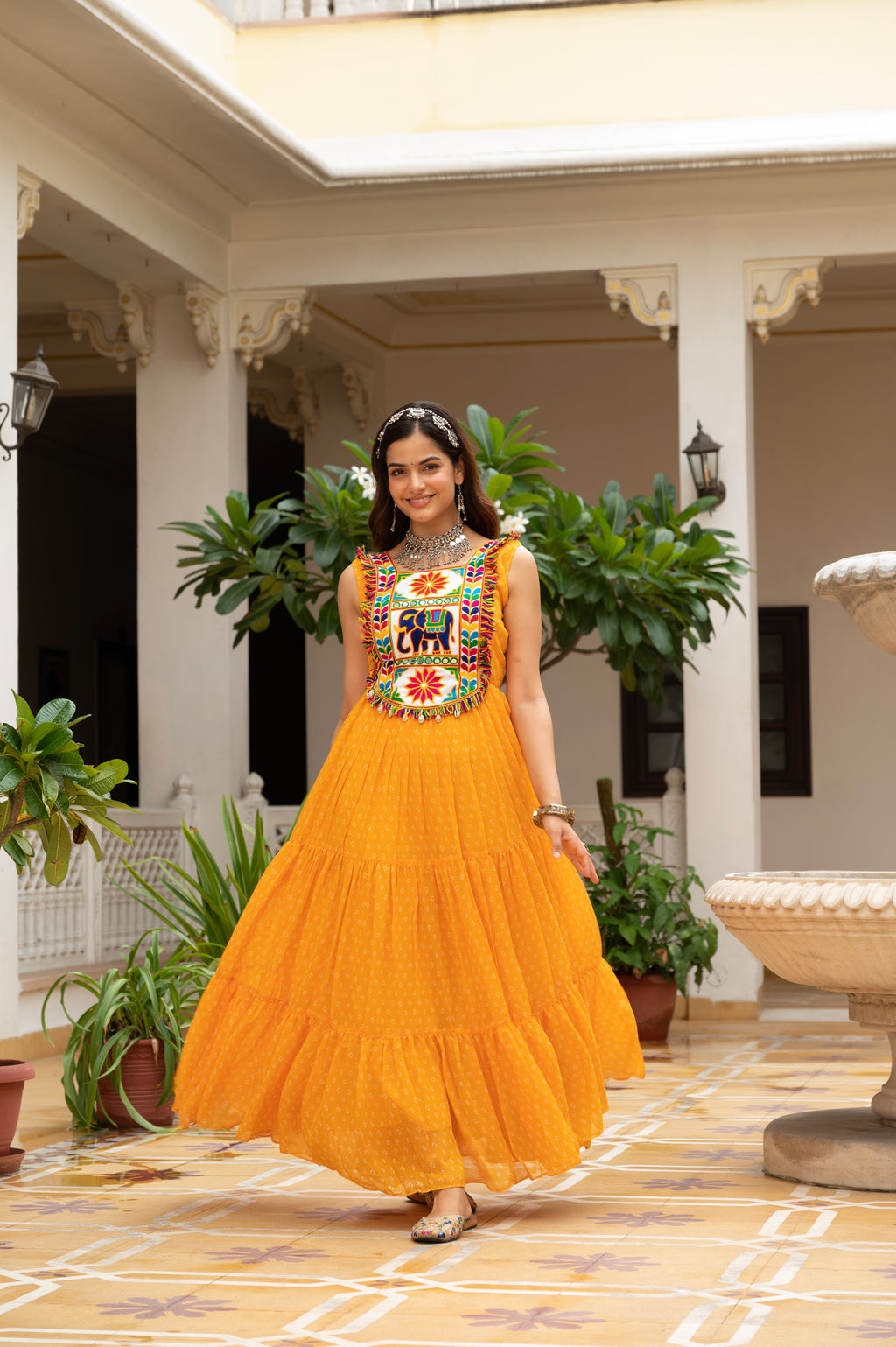 Sunshine Yellow Kutchi Patchwork Embroidered Yoke with Traditional Print and Graceful Flared Anarkali Gown