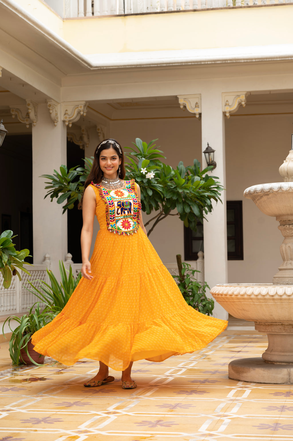 Sunshine Yellow Kutchi Patchwork Embroidered Yoke with Traditional Print and Graceful Flared Anarkali Gown