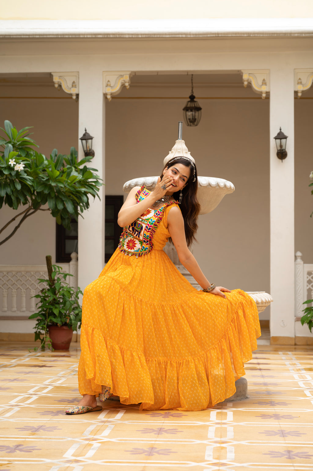 Sunshine Yellow Kutchi Patchwork Embroidered Yoke with Traditional Print and Graceful Flared Anarkali Gown