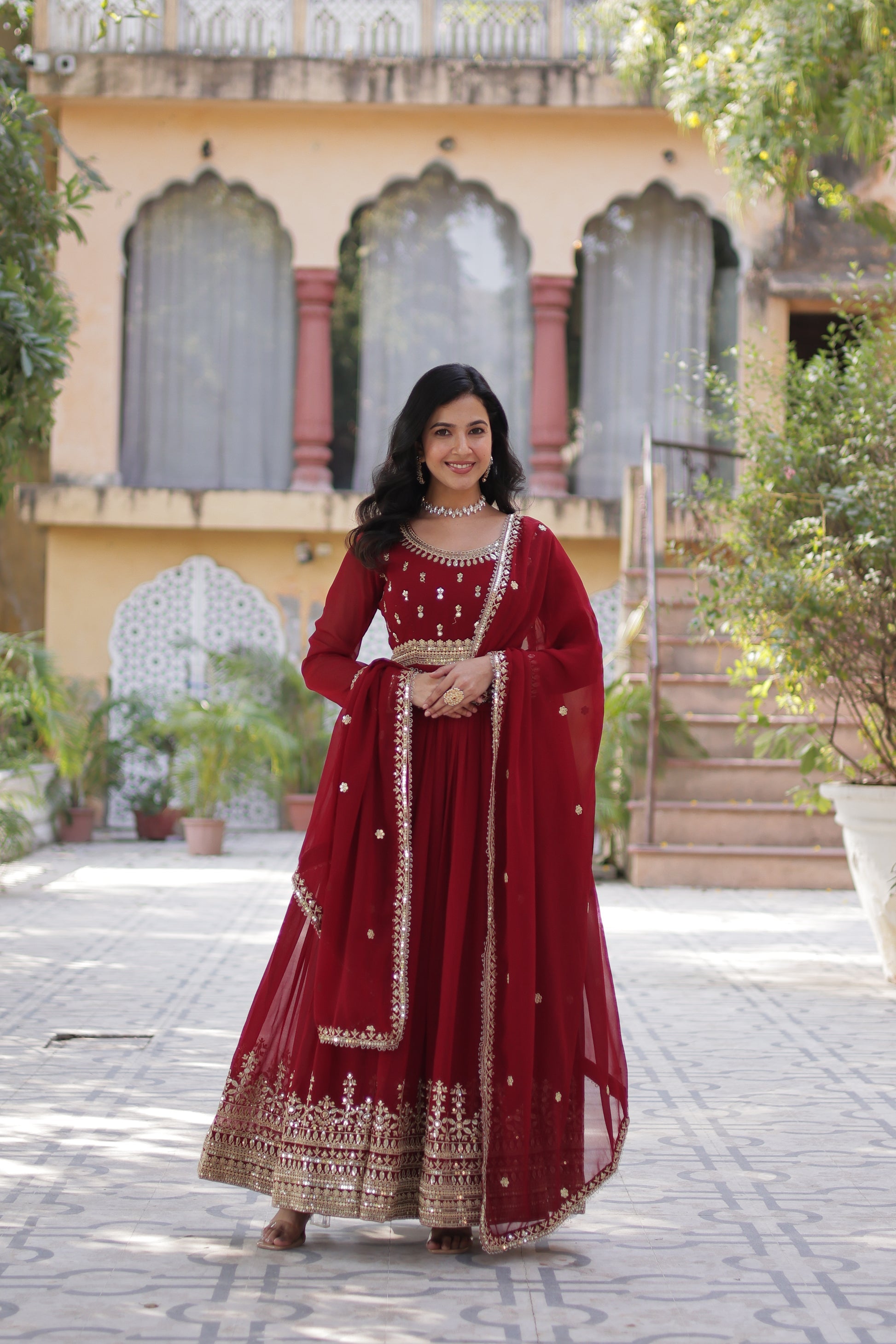 Raima Maroon Embroidered Flair Anarkali Gown Set