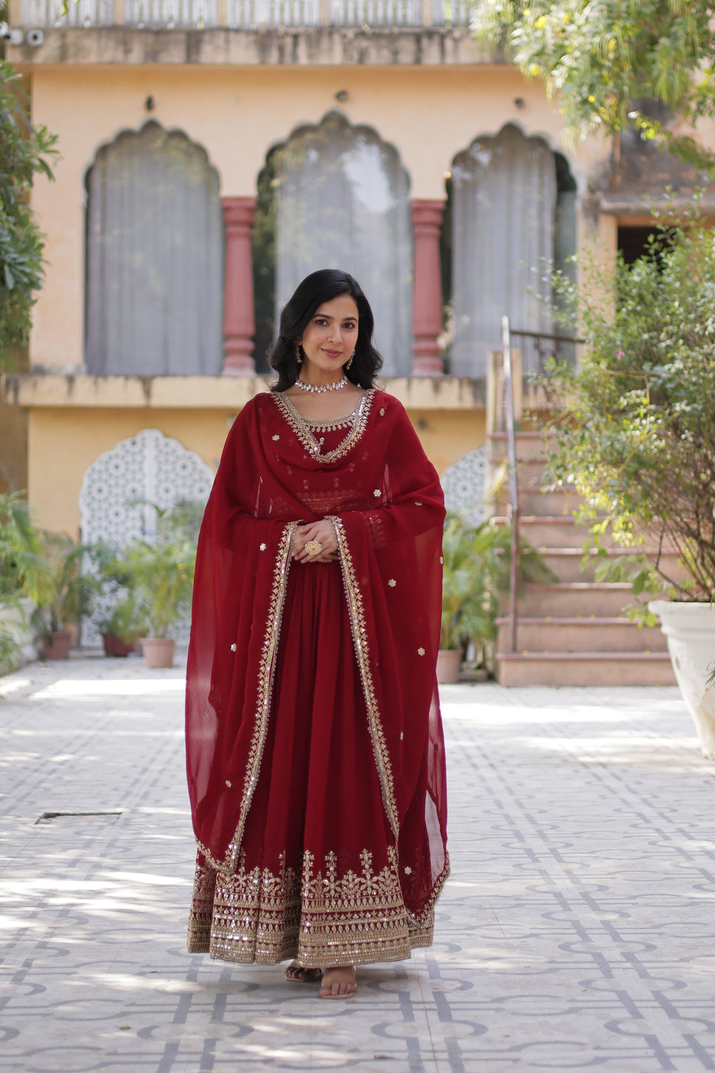 Raima Maroon Embroidered Flair Anarkali Gown Set