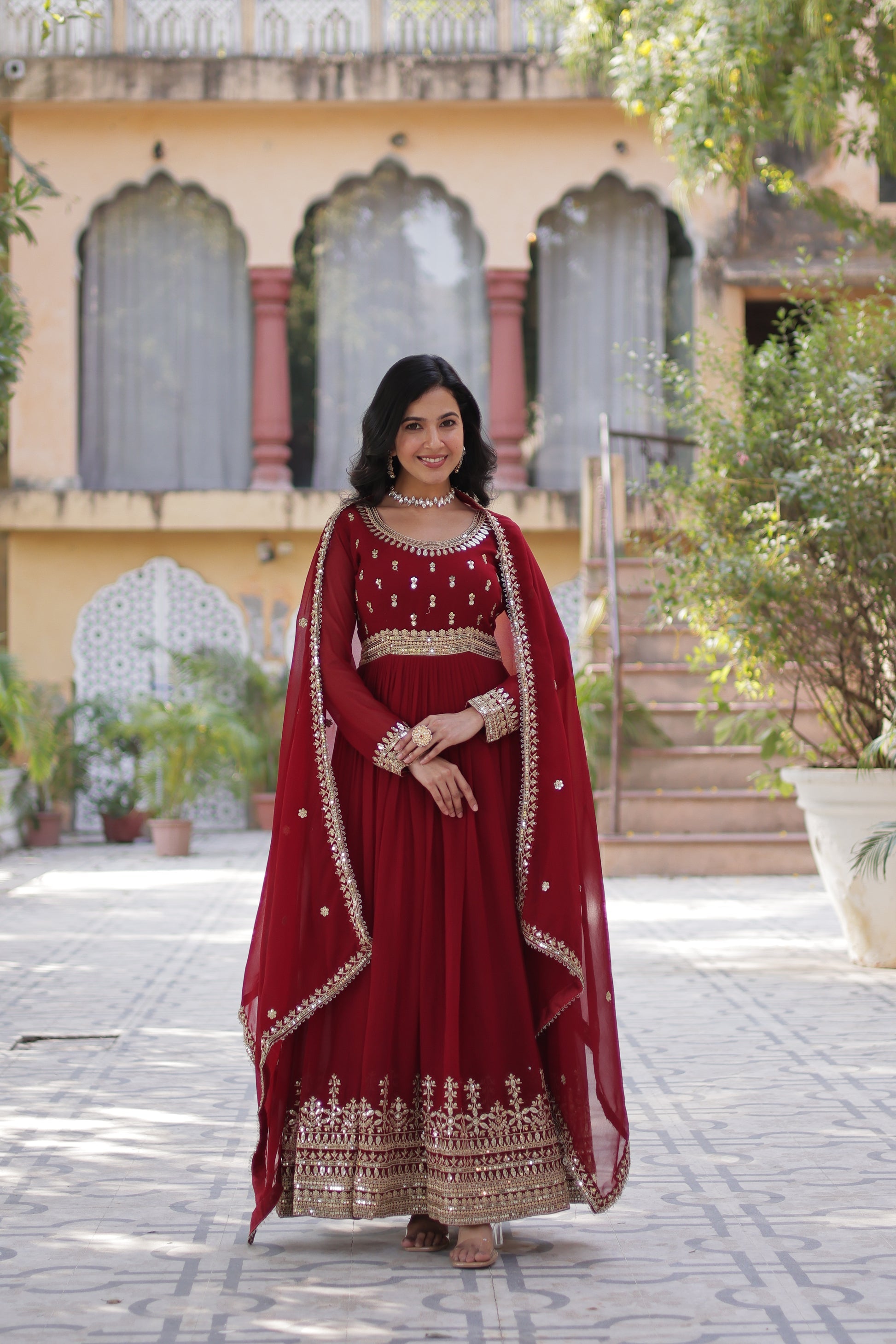 Raima Maroon Embroidered Flair Anarkali Gown Set