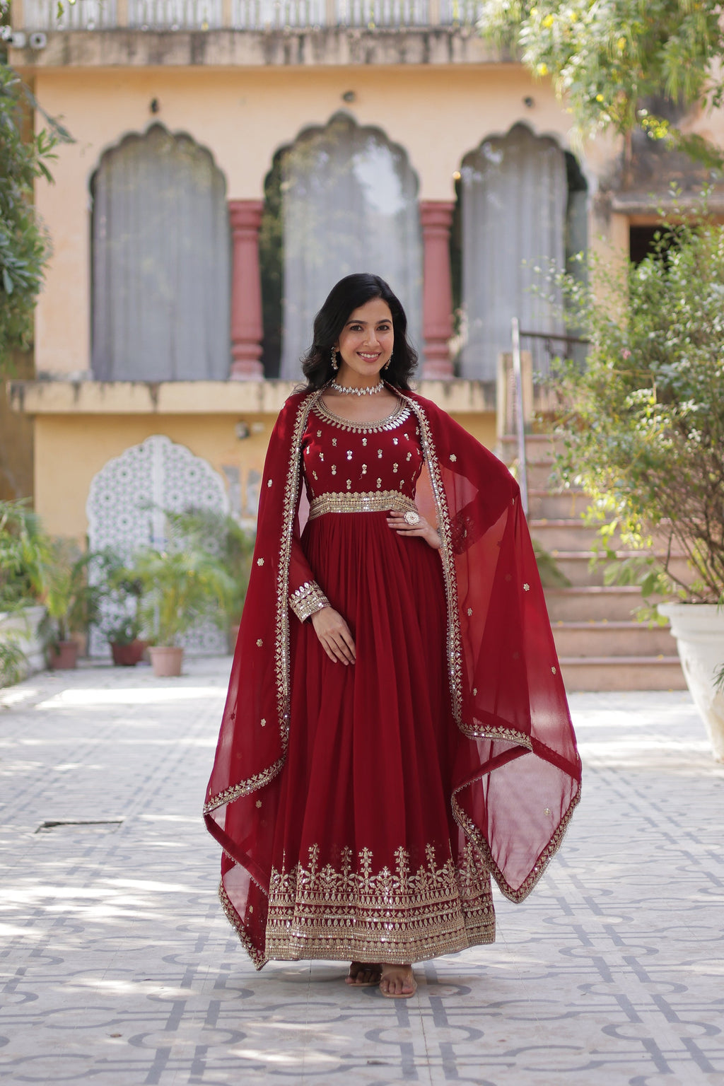 Raima Maroon Embroidered Flair Anarkali Gown Set