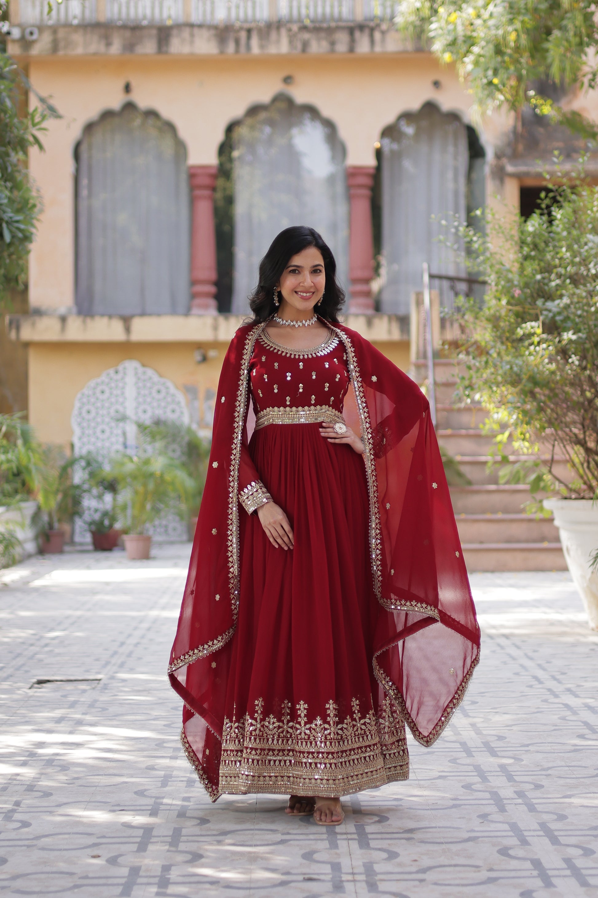 Raima Maroon Embroidered Flair Anarkali Gown Set