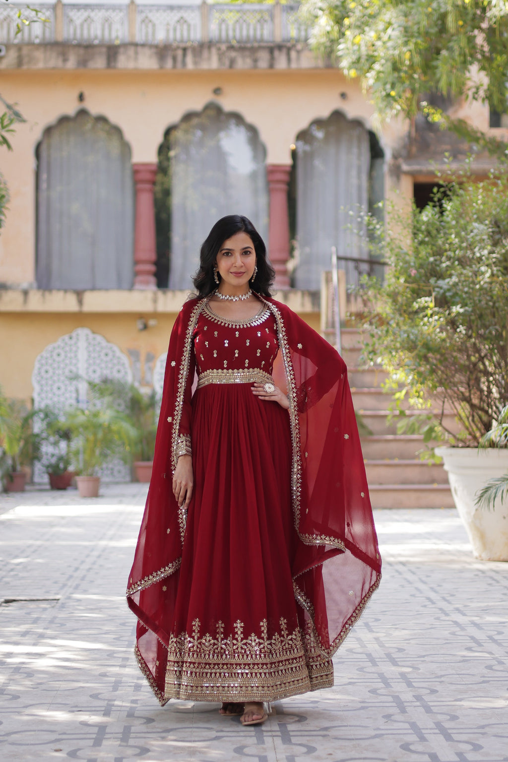 Raima Maroon Embroidered Flair Anarkali Gown Set