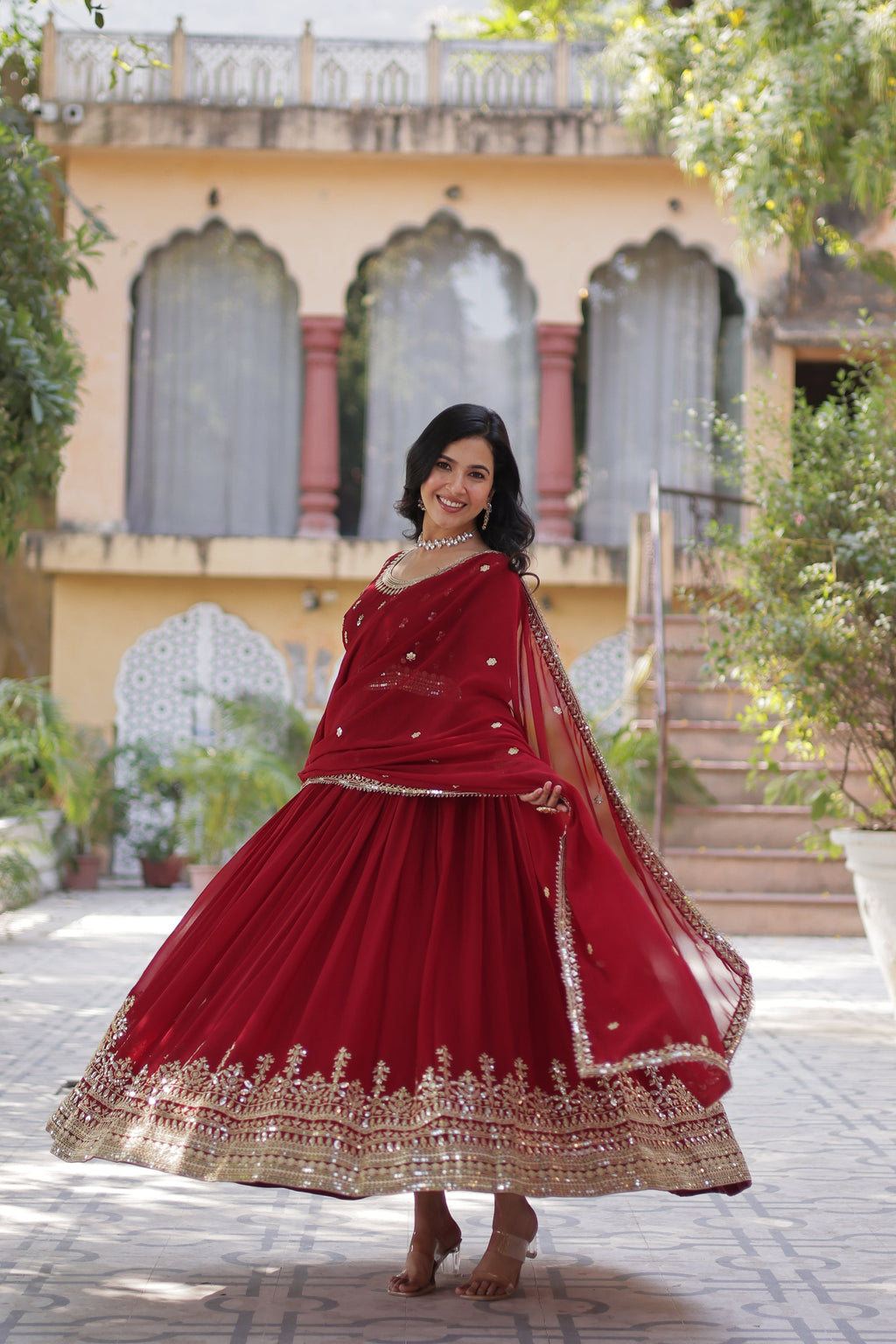 Raima Maroon Embroidered Flair Anarkali Gown Set