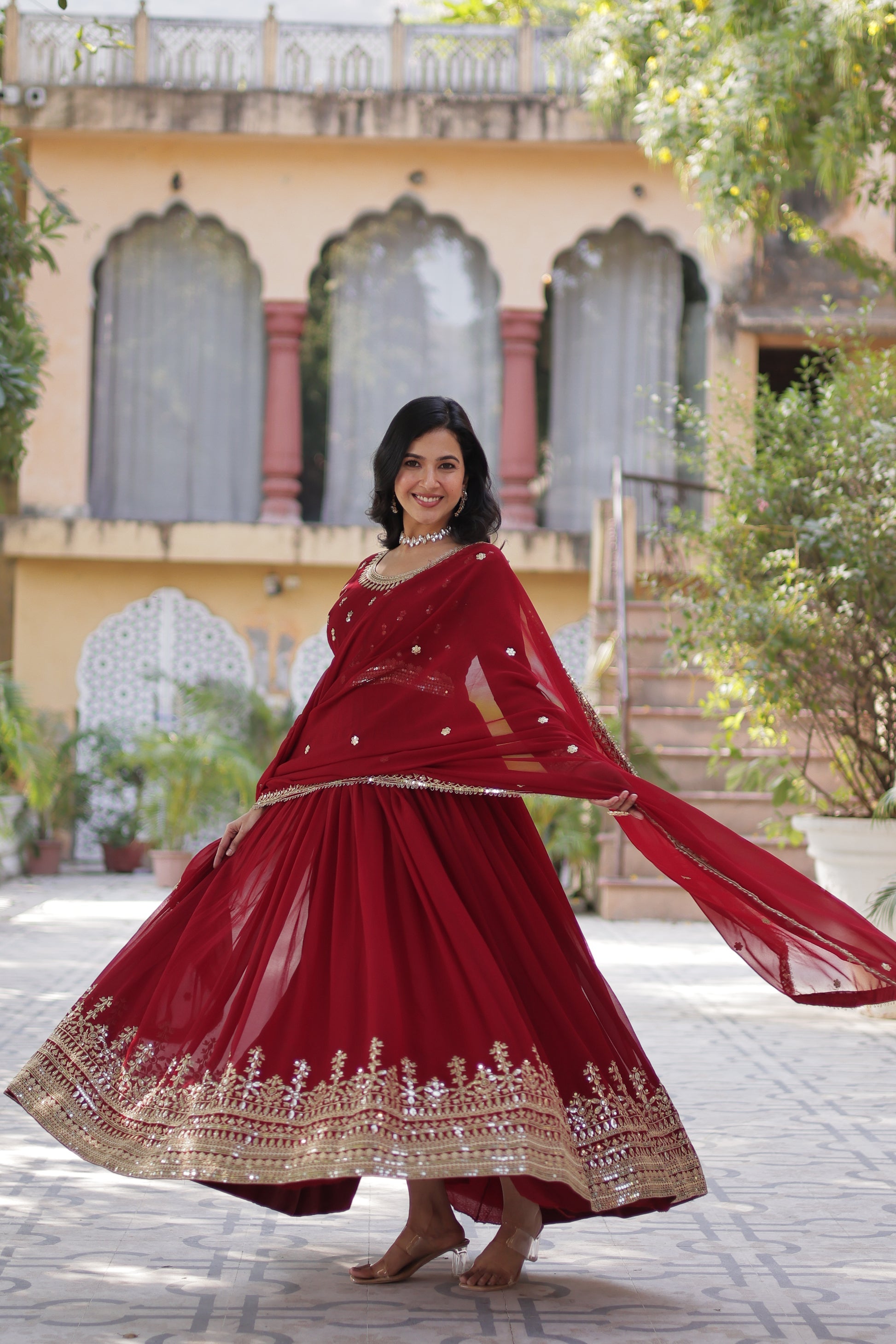 Raima Maroon Embroidered Flair Anarkali Gown Set