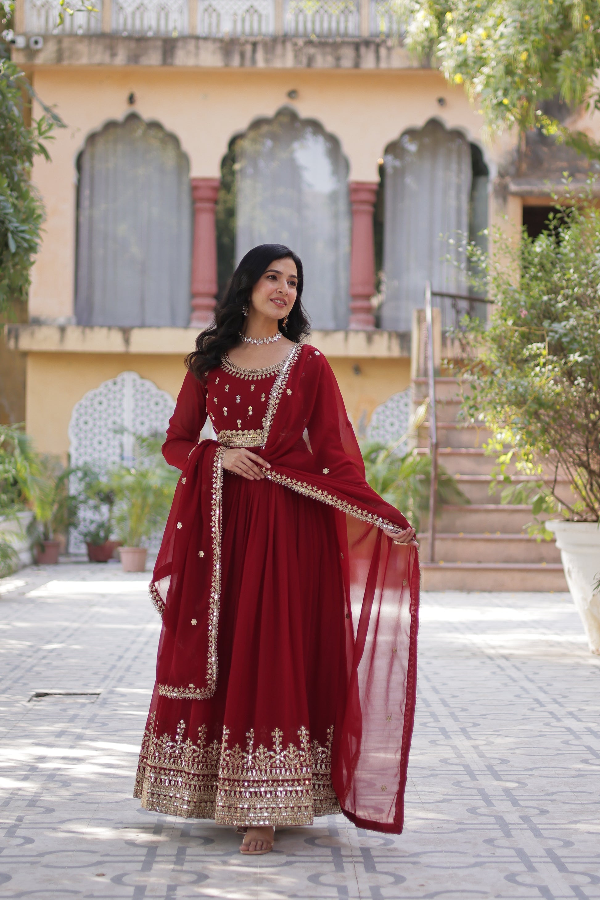 Raima Maroon Embroidered Flair Anarkali Gown Set