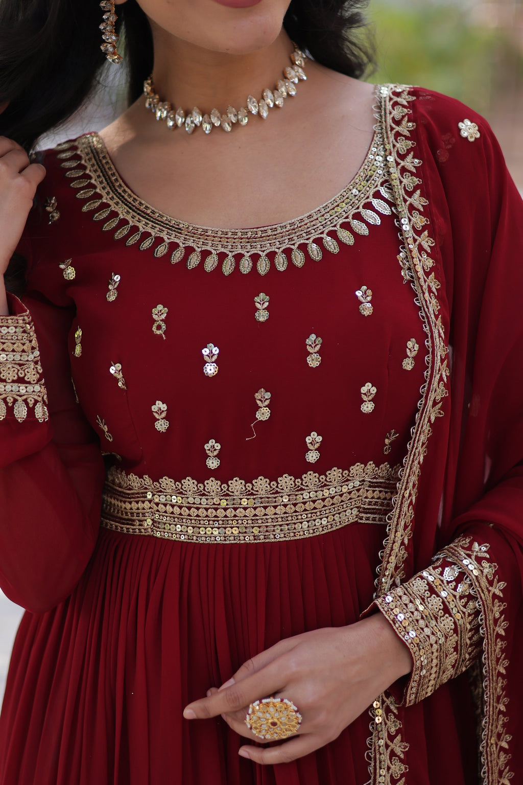 Raima Maroon Embroidered Flair Anarkali Gown Set