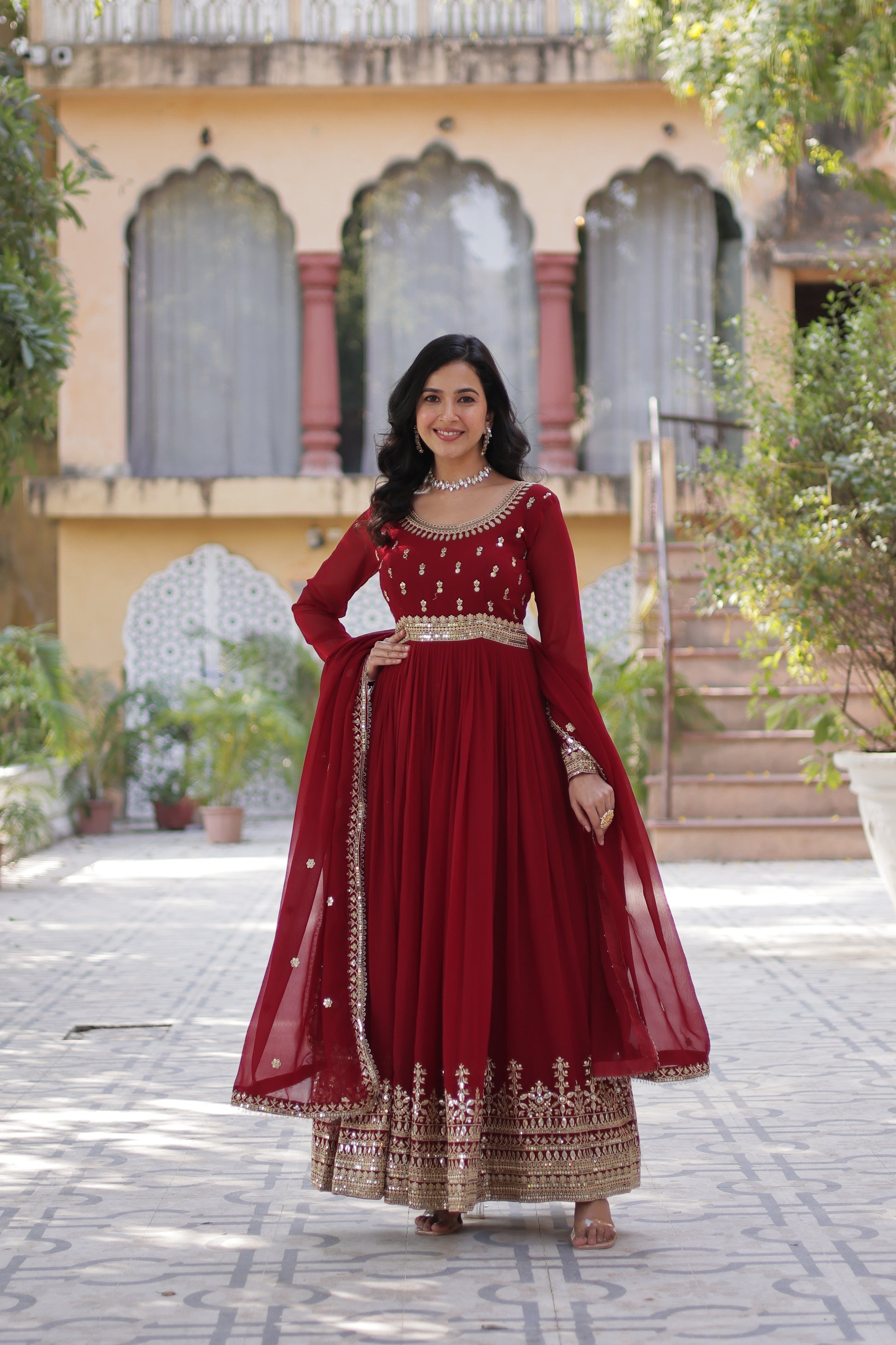 Raima Maroon Embroidered Flair Anarkali Gown Set