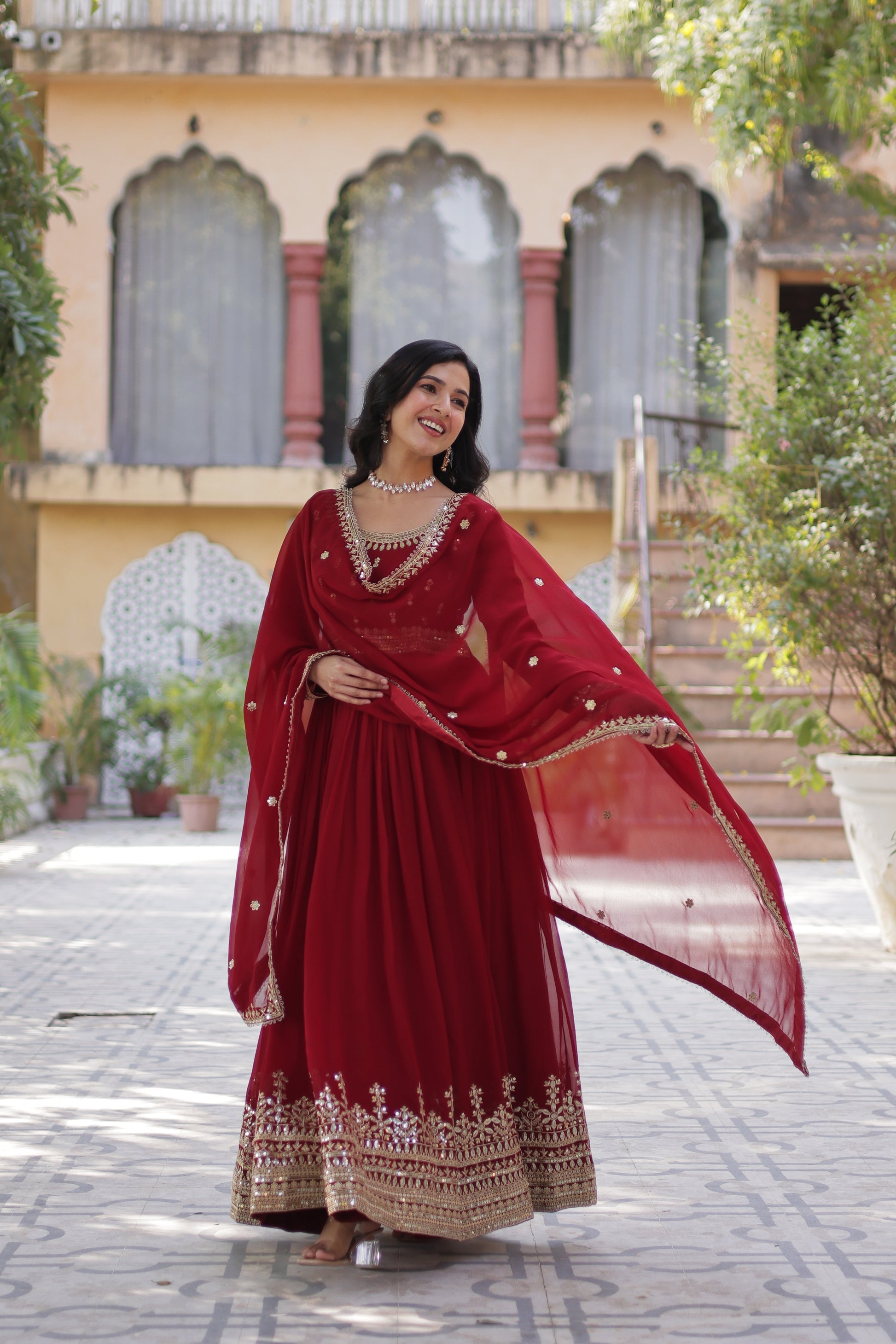 Raima Maroon Embroidered Flair Anarkali Gown Set