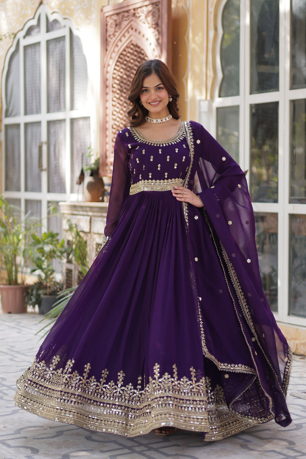 Raima Purple Embroidered Flair Anarkali Gown Set
