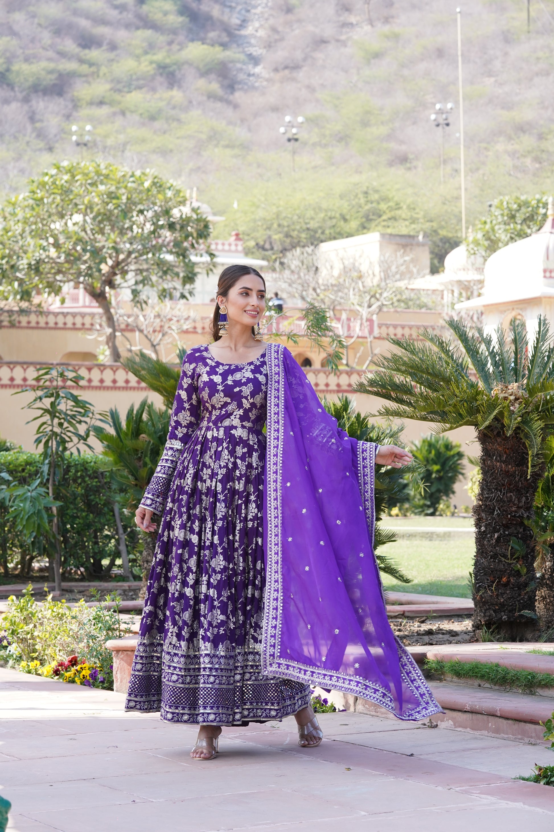 Rajasri purple viscose anarkali gown set