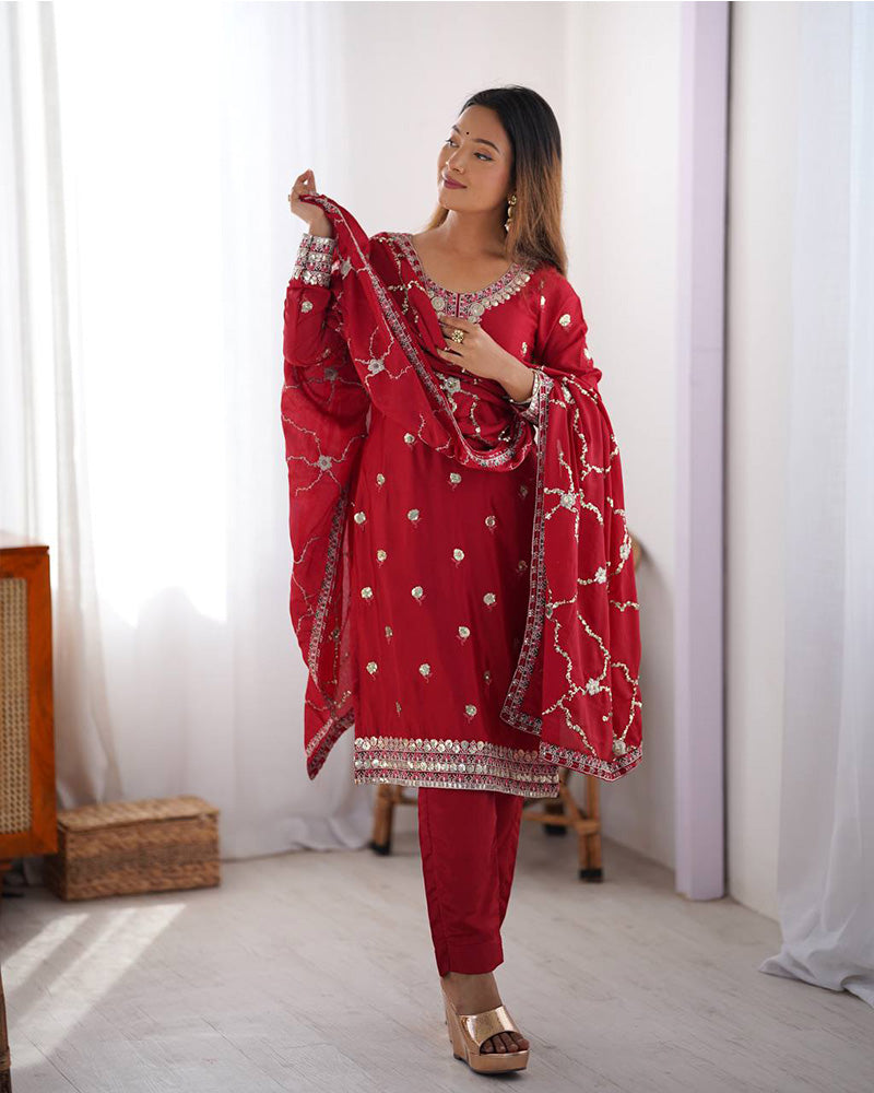 Raktima red Chinon silk kurti set with elegant thread and sequin embroidery, paired with matching silk pants and an embroidered dupatta – ideal for weddings, festivals, and designer ethnic wear for women 