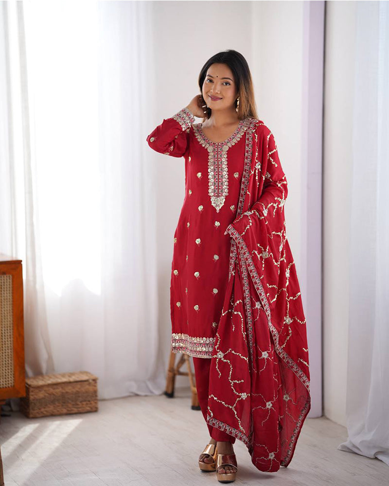 Raktima red Chinon silk kurti set with elegant thread and sequin embroidery, paired with matching silk pants and an embroidered dupatta – ideal for weddings, festivals, and designer ethnic wear for women 