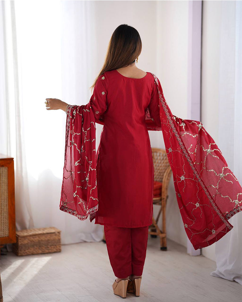 Raktima red Chinon silk kurti set with elegant thread and sequin embroidery, paired with matching silk pants and an embroidered dupatta – ideal for weddings, festivals, and designer ethnic wear for women 