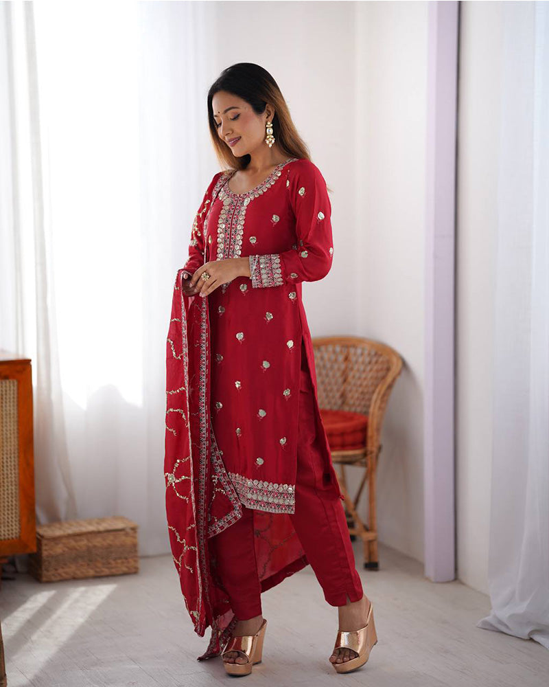 Raktima red Chinon silk kurti set with elegant thread and sequin embroidery, paired with matching silk pants and an embroidered dupatta – ideal for weddings, festivals, and designer ethnic wear for women 