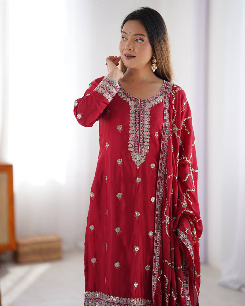Raktima red Chinon silk kurti set with elegant thread and sequin embroidery, paired with matching silk pants and an embroidered dupatta – ideal for weddings, festivals, and designer ethnic wear for women 
