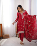 Raktima red Chinon silk kurti set with elegant thread and sequin embroidery, paired with matching silk pants and an embroidered dupatta – ideal for weddings, festivals, and designer ethnic wear for women 