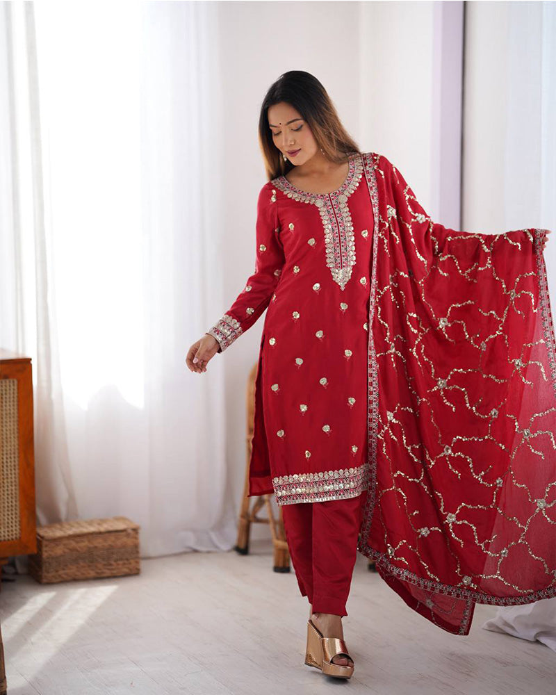 Raktima red Chinon silk kurti set with elegant thread and sequin embroidery, paired with matching silk pants and an embroidered dupatta – ideal for weddings, festivals, and designer ethnic wear for women 
