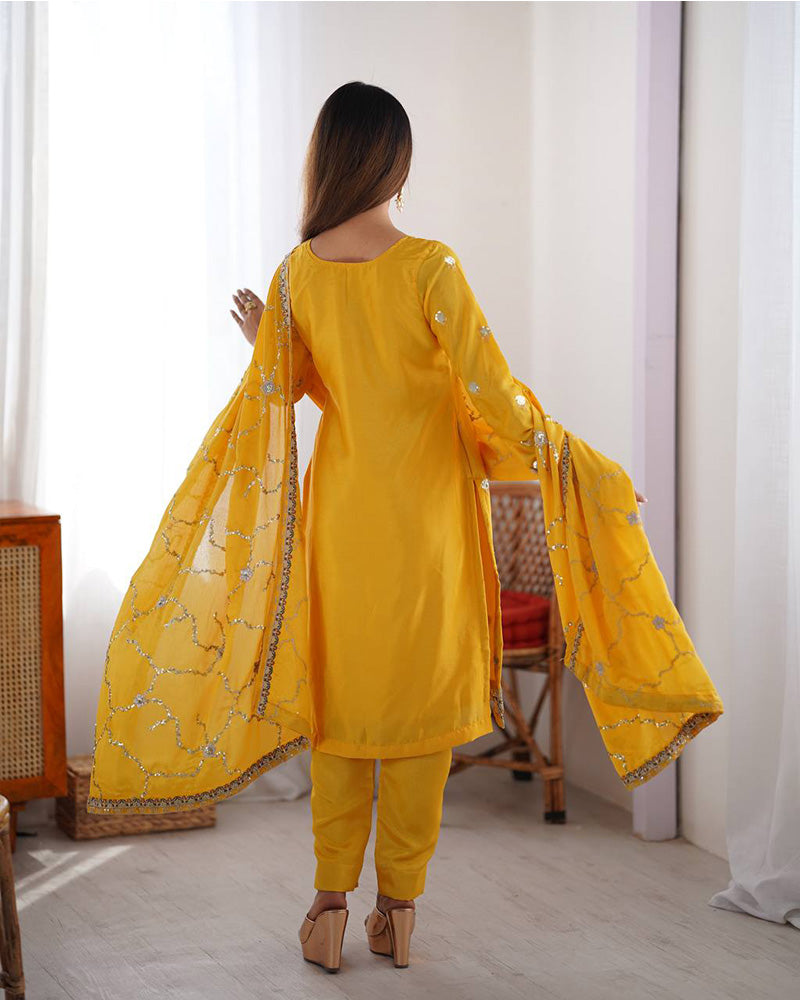 Raktima yellow Chinon silk kurti set featuring thread and sequin embroidery, paired with matching Chinon silk pants and an embroidered dupatta – perfect for weddings, festivals, and modern ethnic wear for women