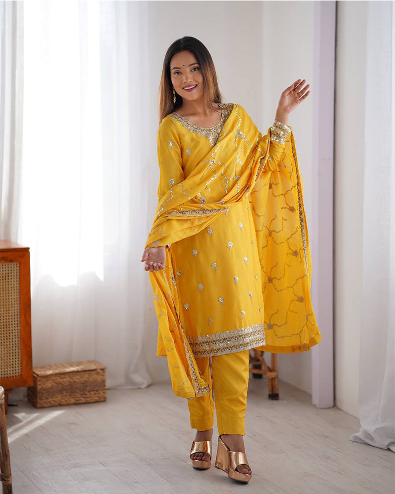 Raktima yellow Chinon silk kurti set featuring thread and sequin embroidery, paired with matching Chinon silk pants and an embroidered dupatta – perfect for weddings, festivals, and modern ethnic wear for women