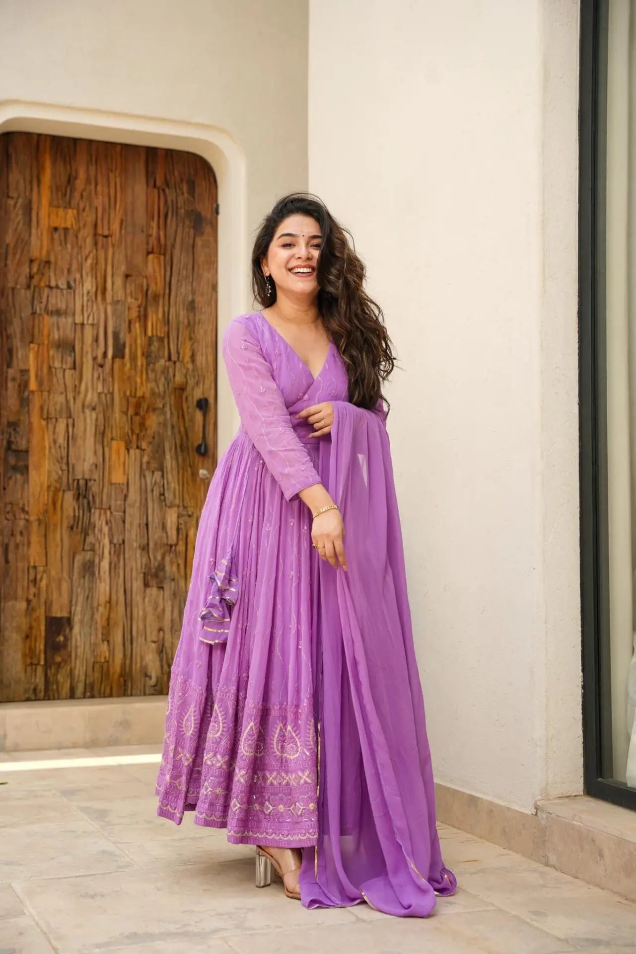 Rayna Purple Georgette Embroidered Flared Suit Set