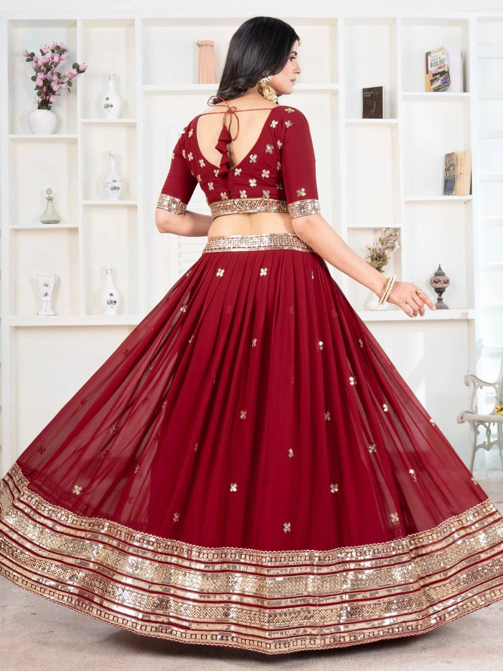 Red georgette embroidered sequins lehenga choli with dupatta