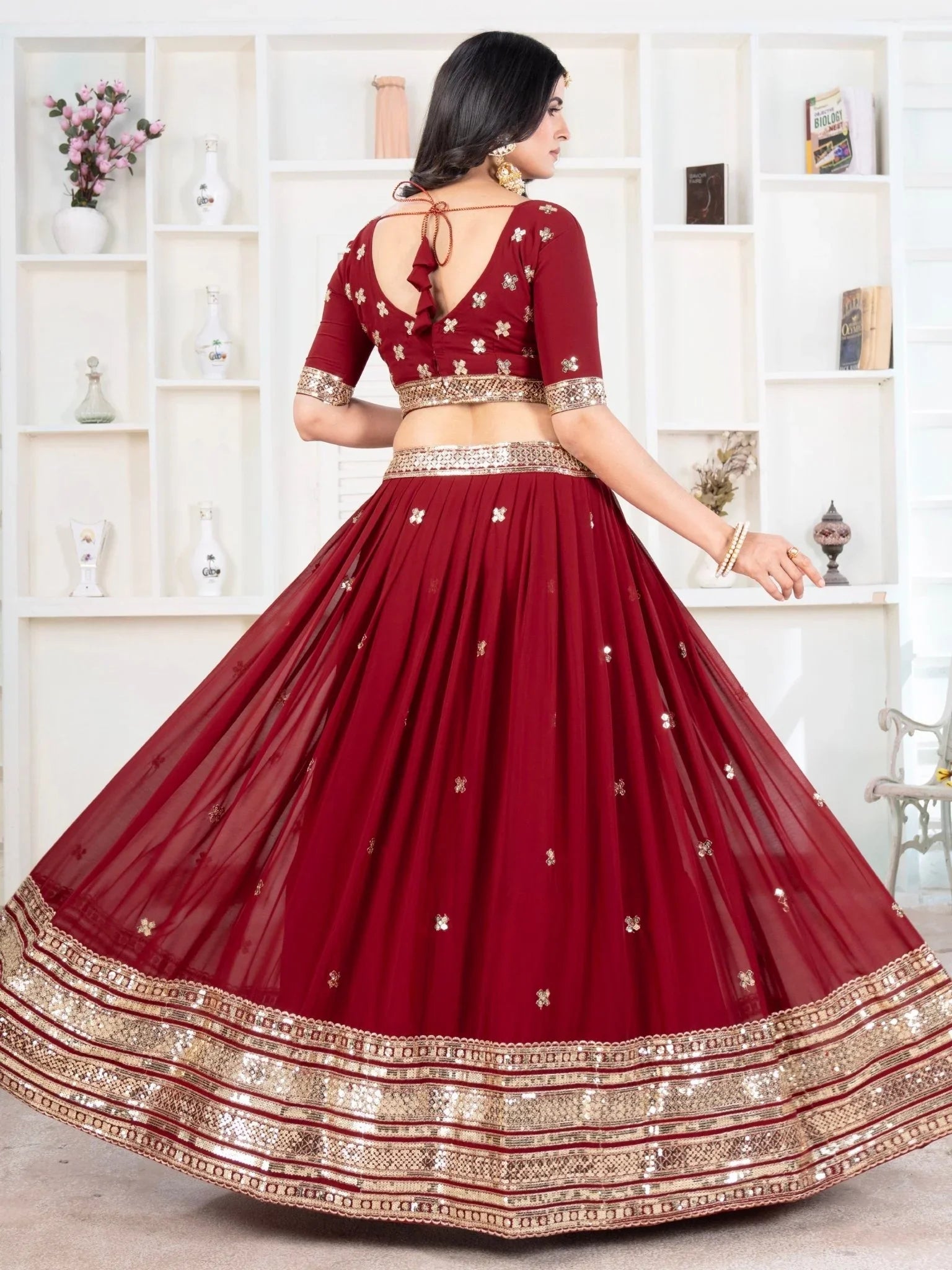 Red georgette embroidered sequins lehenga choli with dupatta