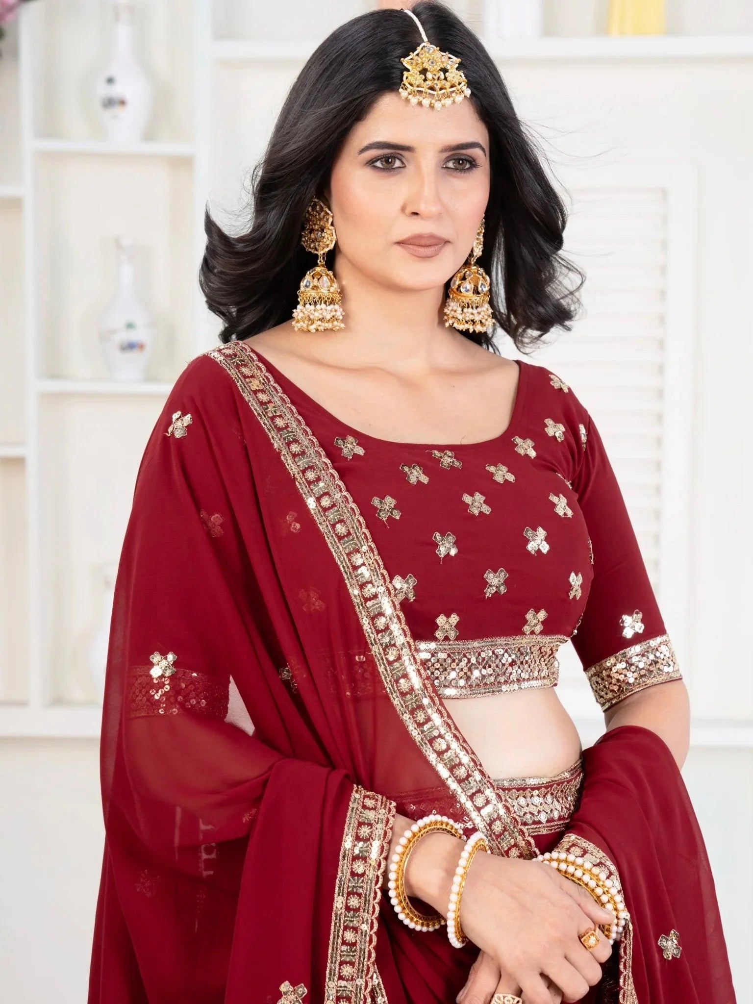 Red georgette embroidered sequins lehenga choli with dupatta