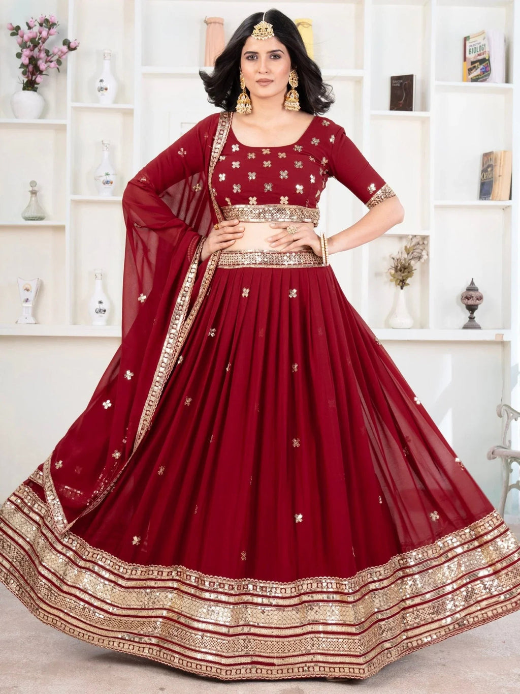 Red georgette embroidered sequins lehenga choli with dupatta