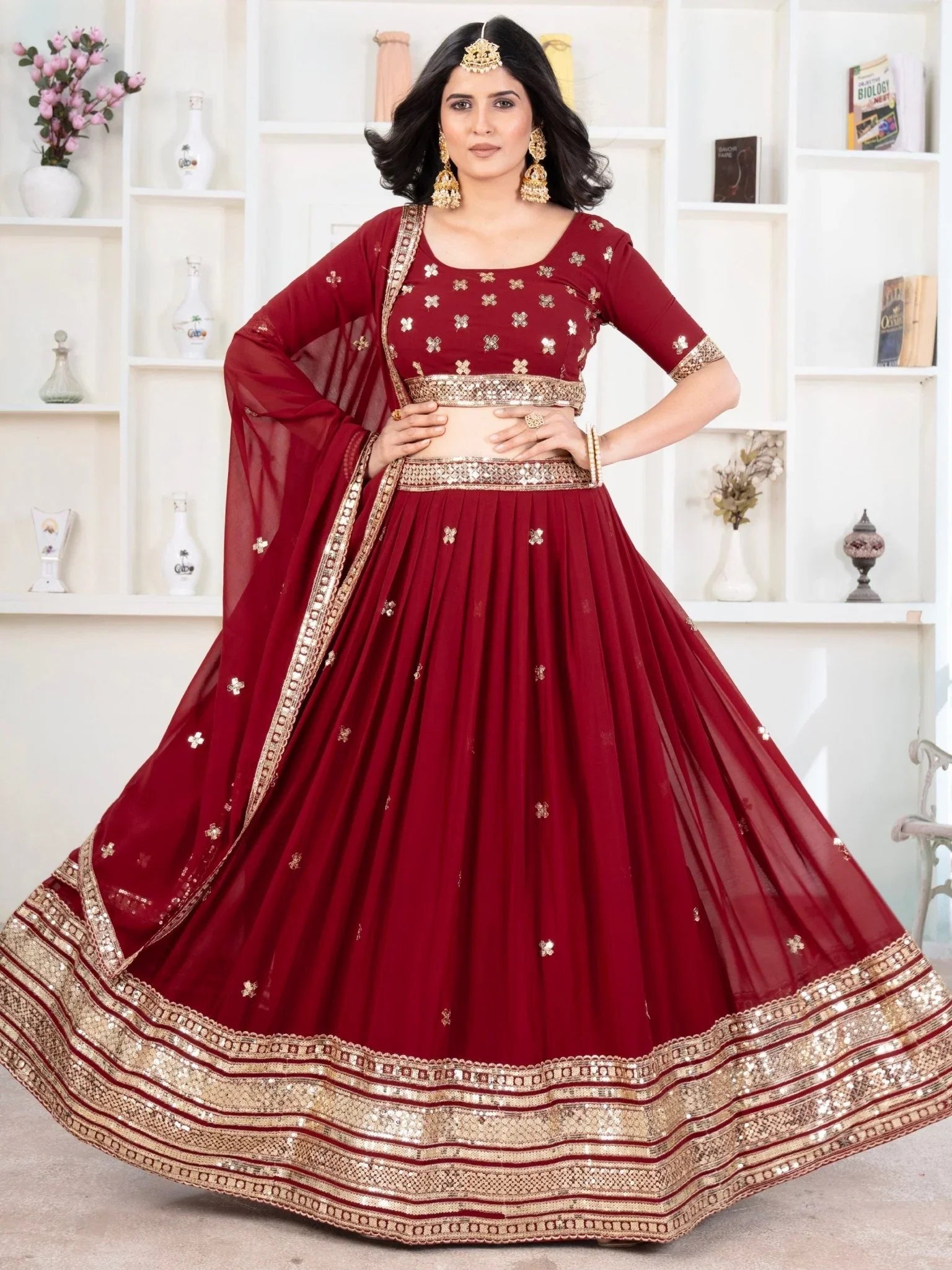 Red georgette embroidered sequins lehenga choli with dupatta