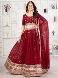 Red georgette embroidered sequins lehenga choli with dupatta