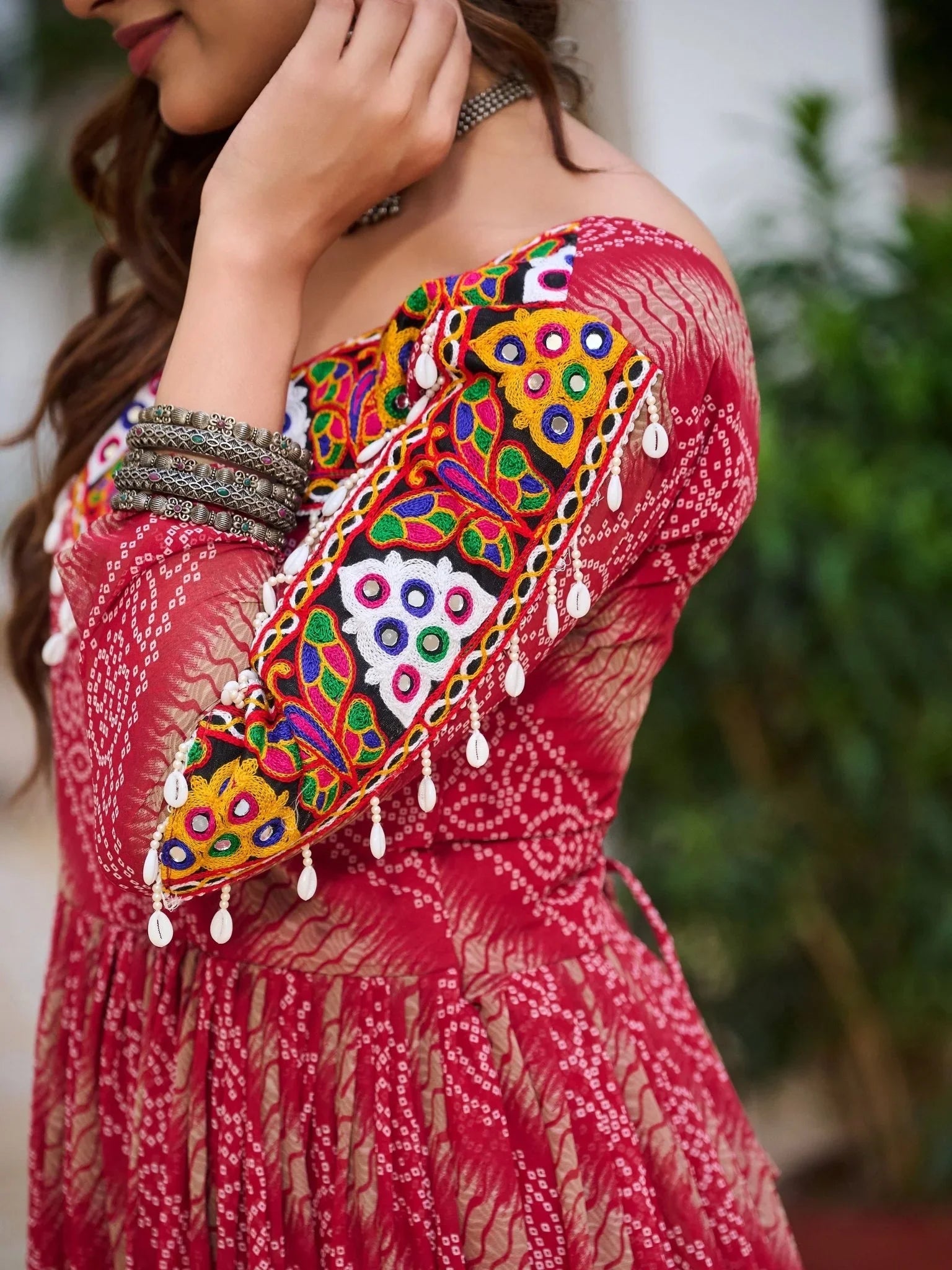 Red Georgette Bandhani Print Mirror Gamthi Work Gown