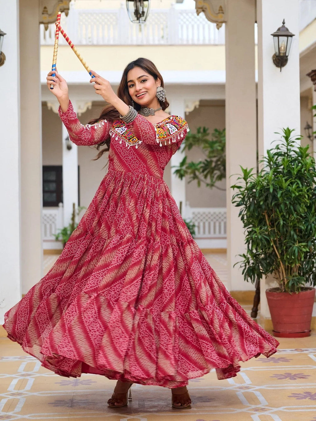 Red Georgette Bandhani Print Mirror Gamthi Work Gown