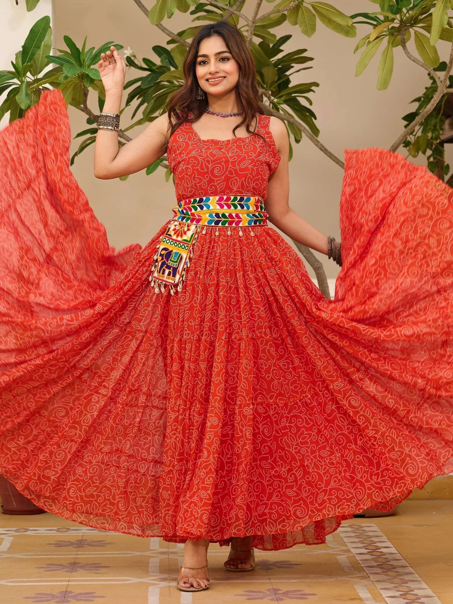 Red Georgette Bandhani Print Mirror Gamthi Work Traditional Gown