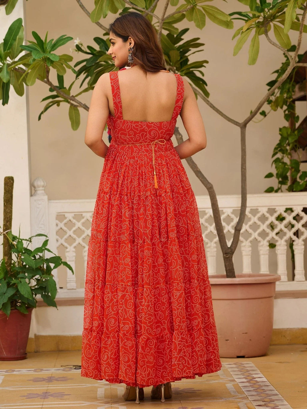 Red Georgette Bandhani Print Mirror Gamthi Work Traditional Gown