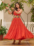 Red Georgette Bandhani Print Mirror Gamthi Work Traditional Gown