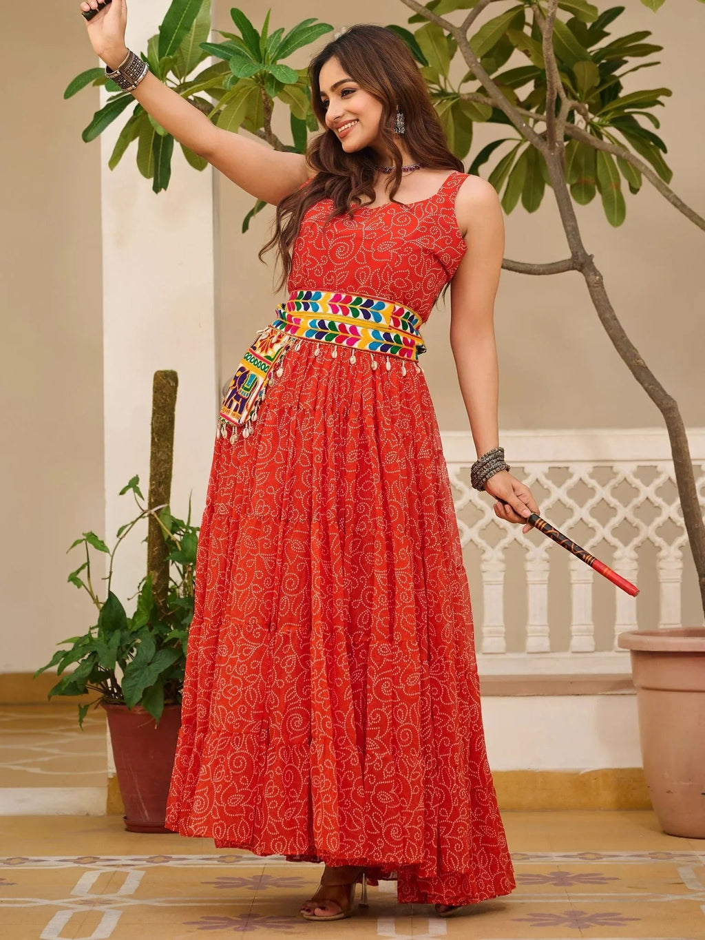 Red Georgette Bandhani Print Mirror Gamthi Work Traditional Gown