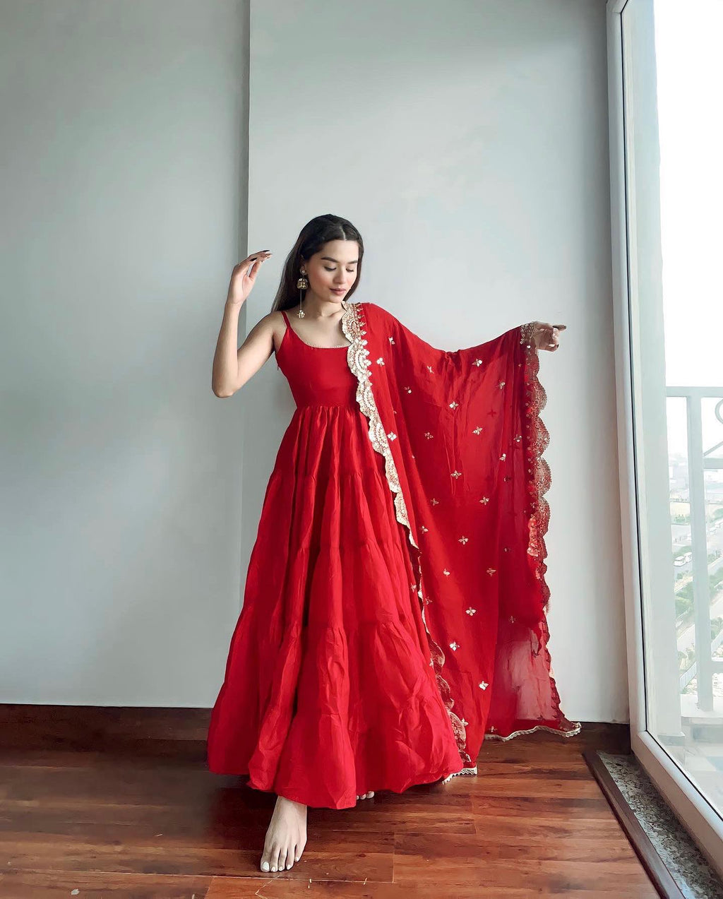 Devayani red georgette anarkali gown set