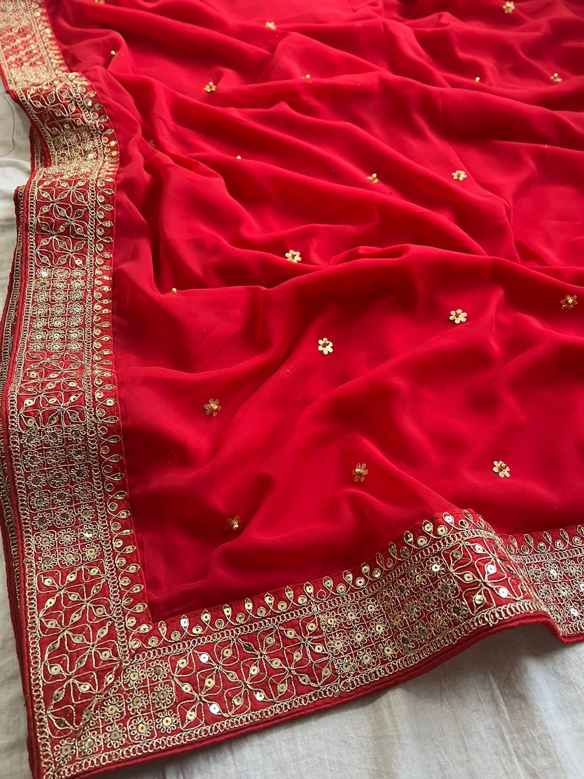 Red Georgette Saree in Sequin & Lace Elegance
