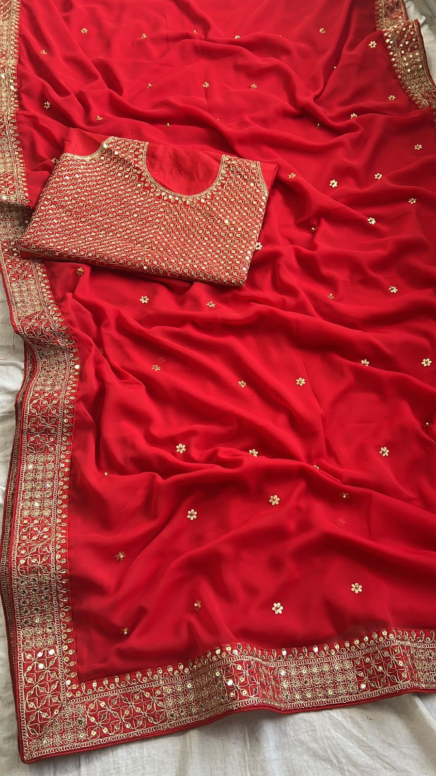 Red Georgette Saree in Sequin & Lace Elegance