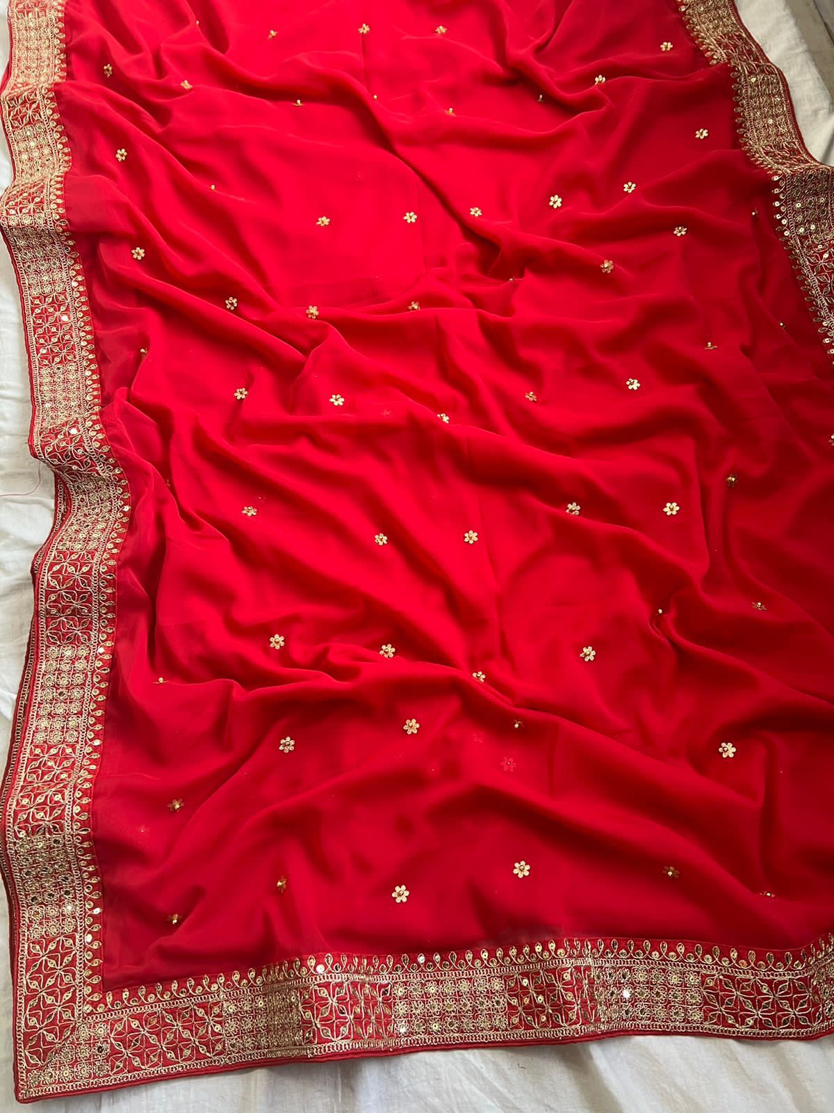 Red Georgette Saree in Sequin & Lace Elegance
